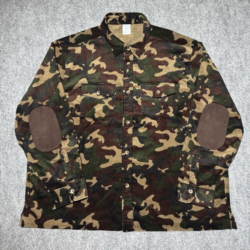 VTG Brooks Brothers Green Camo Button Up Corduroy Overshirt w Elbow Patch 2XL